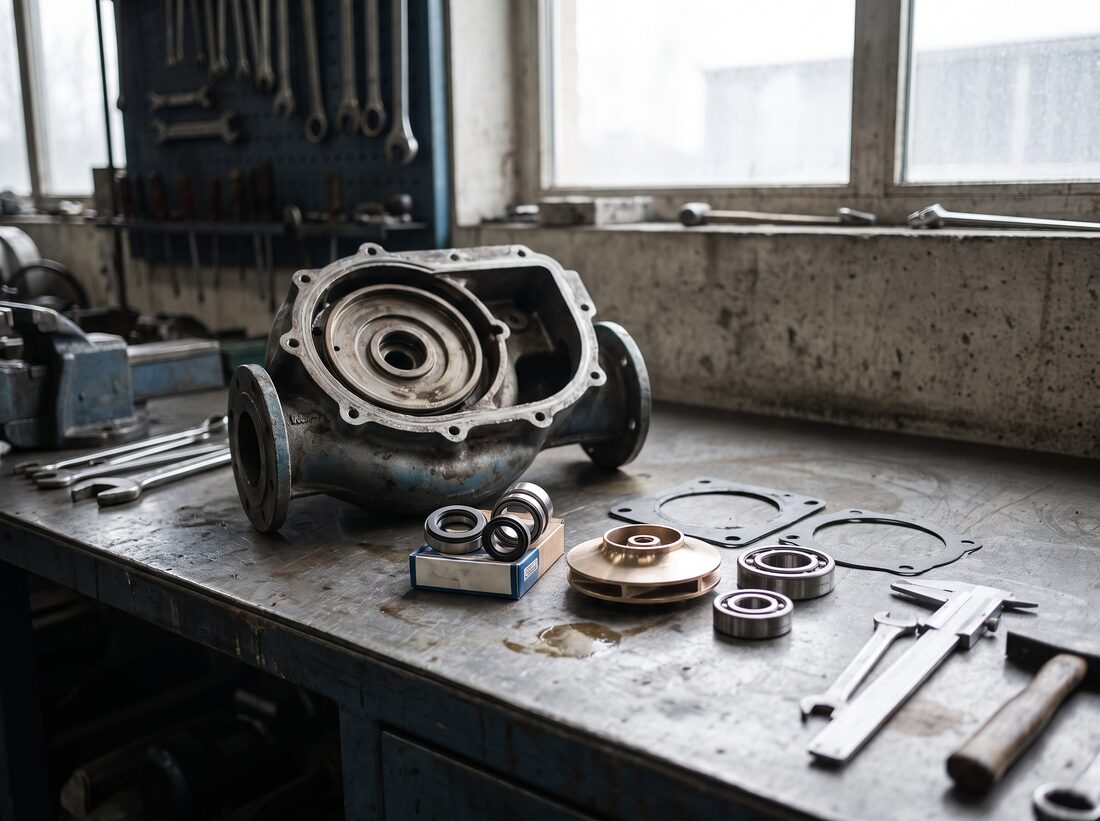 Pump casing and replacement wear parts on a workshop bench
