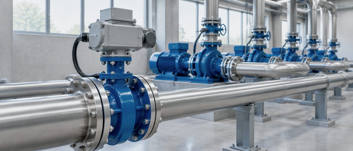 Actuated butterfly valve on a stainless process water line